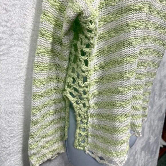 Free People Open Knit Sweater Women XS Green White Striped Loose Textured Cotton - Picture 5 of 12